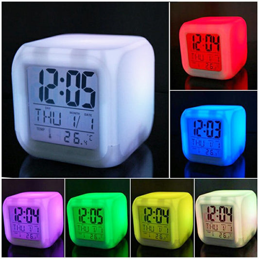 Transform Your Mornings with the 7 Colours Glowing LED Digital Silent Alarm Clock Cube