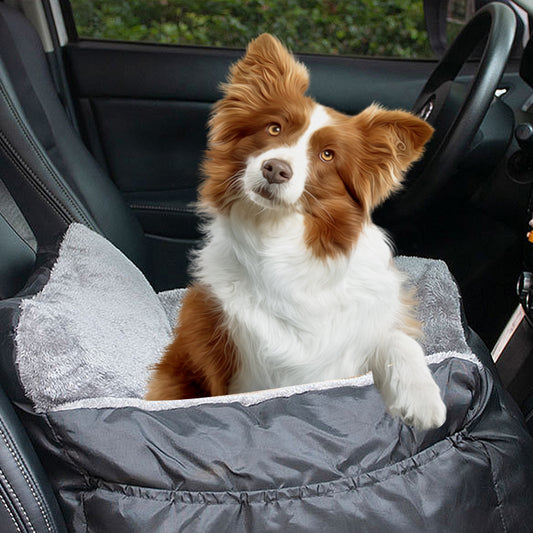 Luxury Plush Dog Car Booster Seat with Pockets Storage & Safety Leash